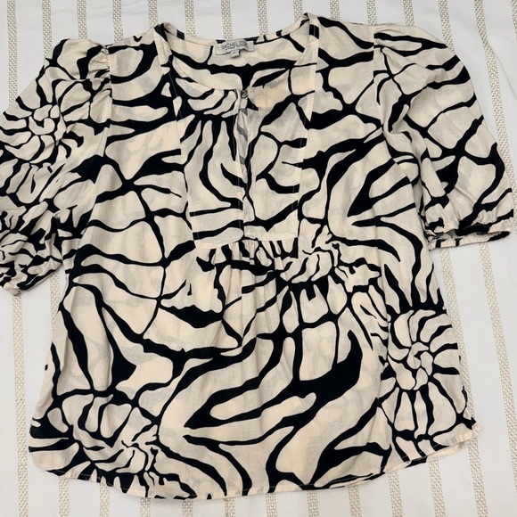 Rachel Zoe Linen Blend Puff Sleeve Blouse XL Abstract Print Boho Chic - Picture 2 of 10